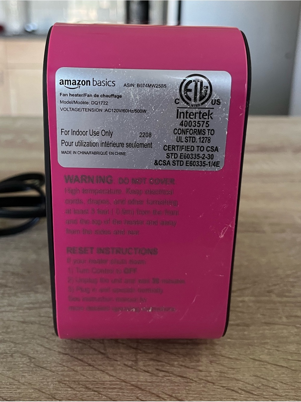 AmazonBasics Pink Personal Fan Heater